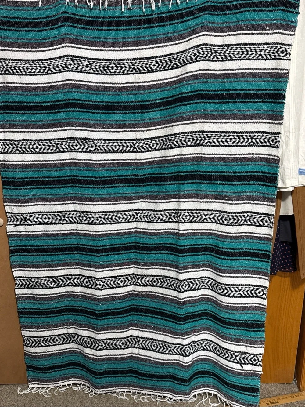 MoLina Indian blanket. Hand woven. Teal, Black & White Striped Swim Sarong